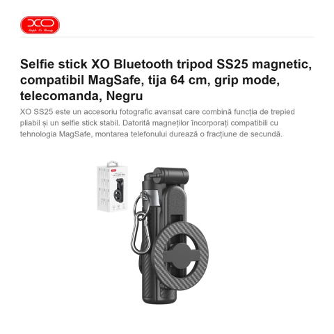 Selfie stick XO Bluetooth tripod SS25 magnetic, compatibil MagSafe, tija 64 cm, grip mode, telecomanda, Negru [1]