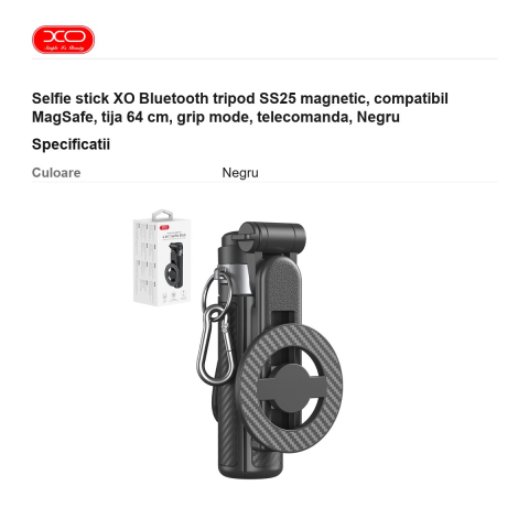 Selfie stick XO Bluetooth tripod SS25 magnetic, compatibil MagSafe, tija 64 cm, grip mode, telecomanda, Negru [2]