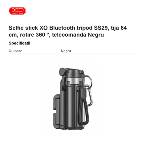Selfie stick XO Bluetooth tripod SS29, tija 64 cm, rotire 360 ​​°, telecomanda Negru [2]