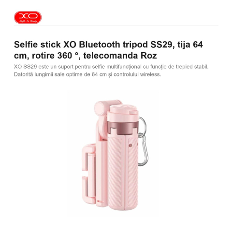 Selfie stick XO Bluetooth tripod SS29, tija 64 cm, rotire 360 ​​°, telecomanda Roz [1]