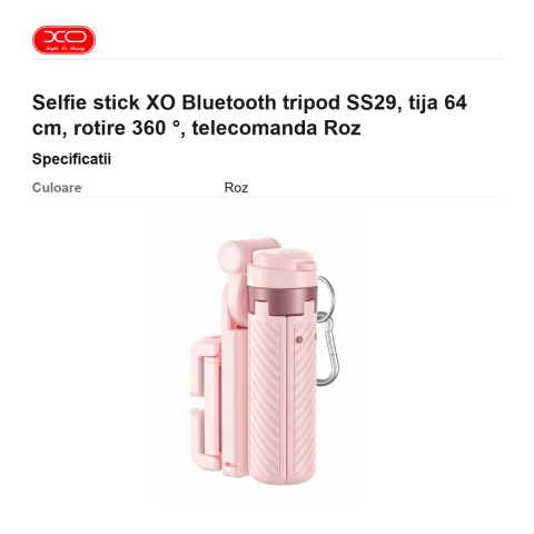 Selfie stick XO Bluetooth tripod SS29, tija 64 cm, rotire 360 ​​°, telecomanda Roz [2]