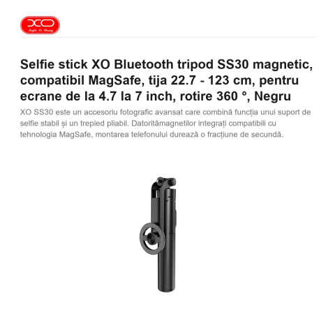 Selfie stick XO Bluetooth tripod SS30 magnetic, compatibil MagSafe, tija 22.7 - 123 cm, pentru ecrane de la 4.7 la 7 inch, rotire 360 ​​°, Negru [1]