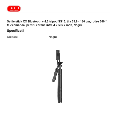 Selfie stick XO Bluetooth v.4.2 tripod SS15, tija 33.6 - 180 cm, rotire 360 ​​°, telecomanda, pentru ecrane intre 4.2 si 6.7 inch, Negru [2]