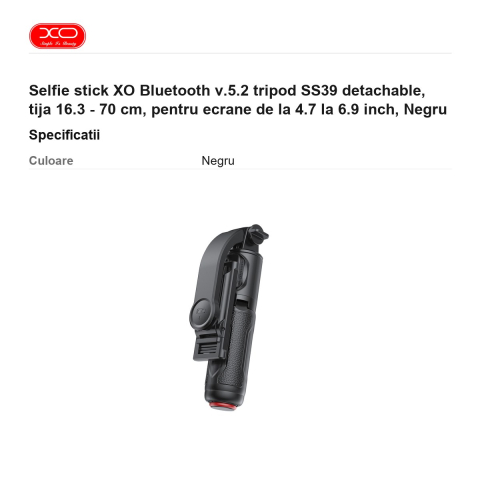 Selfie stick XO Bluetooth v.5.2 tripod SS39 detachable, tija 16.3 - 70 cm, pentru ecrane de la 4.7 la 6.9 inch, Negru [2]