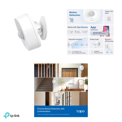 Senzor smart de miscare TP-Link Tapo T100, 868 MHz, necesita hub Tapo, detectie pana la 7 m la 120 de grade, baterie CR2450, alb [3]
