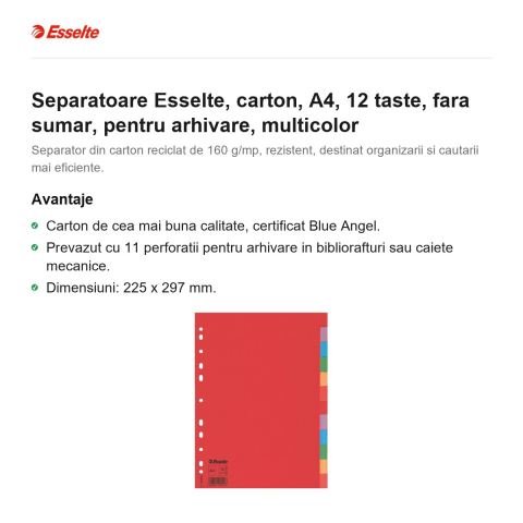 Separatoare Esselte, carton, A4, 12 taste, fara sumar, pentru arhivare, multicolor [1]