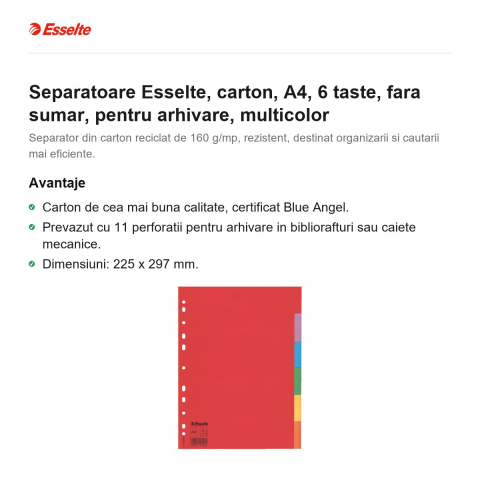 Separatoare Esselte, carton, A4, 6 taste, fara sumar, pentru arhivare, multicolor [1]