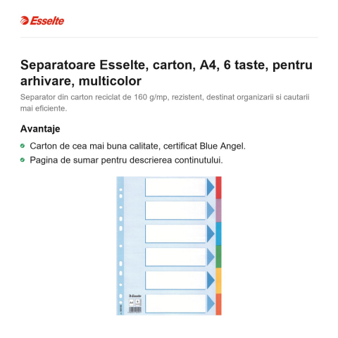 Separatoare Esselte, carton, A4, 6 taste, pentru arhivare, multicolor [1]