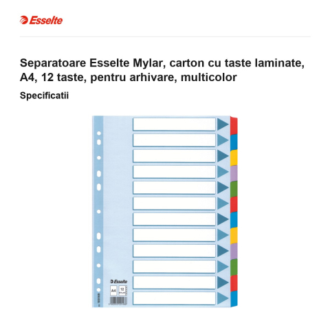 Separatoare Esselte Mylar, carton cu taste laminate, A4, 12 taste, pentru arhivare, multicolor [2]