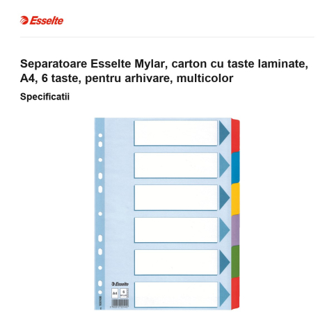 Separatoare Esselte Mylar, carton cu taste laminate, A4, 6 taste, pentru arhivare, multicolor [2]