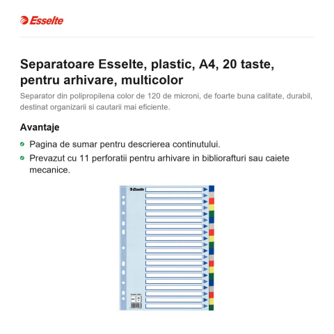 Separatoare Esselte, plastic, A4, 20 taste, pentru arhivare, multicolor [1]