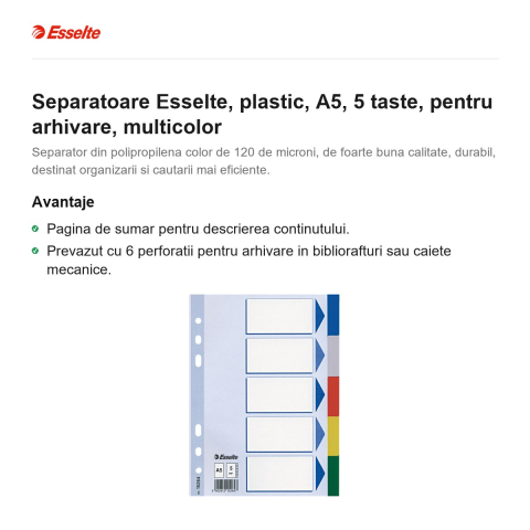 Separatoare Esselte, plastic, A5, 5 taste, pentru arhivare, multicolor [1]