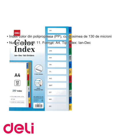 Separatoare index lunar Ian-Dec Deli, plastic polipropilena A4, 11 perforatii, pentru organizare dosare [2]