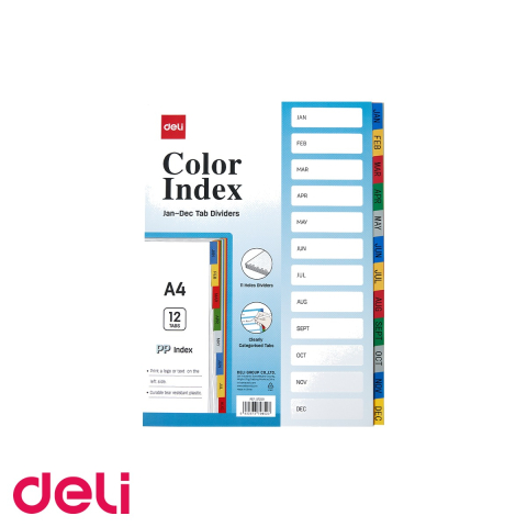 Indecsi si separatoare pentru dosare - Separatoare index lunar Ian-Dec Deli, plastic polipropilena A4, 11 perforatii, pentru organizare dosare