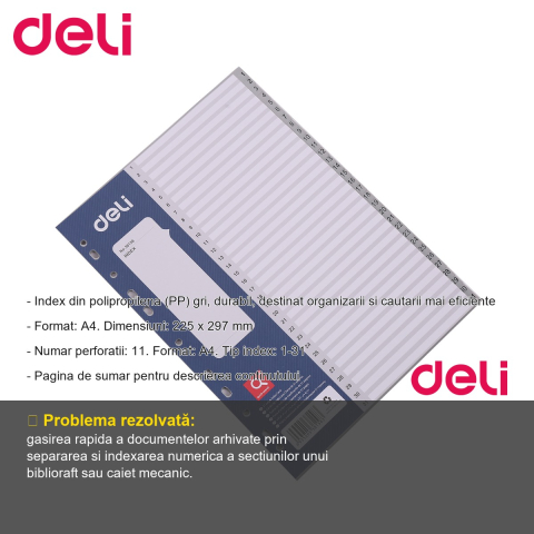 Separatoare index plastic 1-31 Deli, format A4, 11 perforatii, pentru organizare documente in bibliorafturi [1]