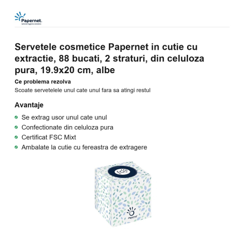 Servetele cosmetice Papernet in cutie cu extractie, 88 bucati, 2 straturi, din celuloza pura, 19.9x20 cm, albe [1]