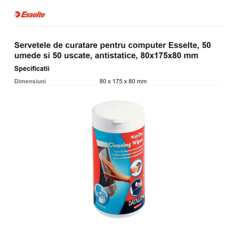 Servetele de curatare pentru computer Esselte, 50 umede si 50 uscate, antistatice, 80x175x80 mm [2]