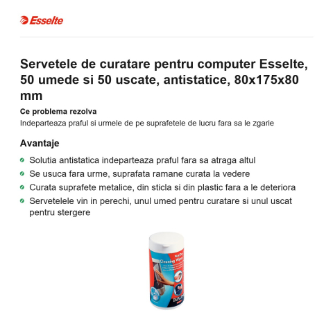 Servetele de curatare pentru computer Esselte, 50 umede si 50 uscate, antistatice, 80x175x80 mm [1]