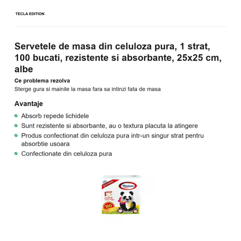 Servetele de masa din celuloza pura, 1 strat, 100 bucati, rezistente si absorbante, 25x25 cm, albe [1]