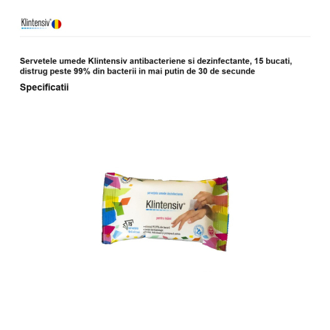 Servetele umede Klintensiv antibacteriene si dezinfectante, 15 bucati, distrug peste 99% din bacterii in mai putin de 30 de secunde [2]