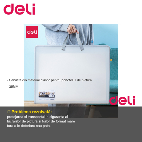Servieta din plastic pentru portofoliu pictura Deli, format 590x460x35mm, alba [1]