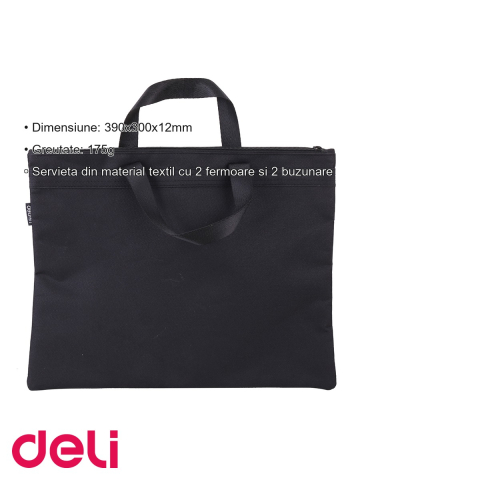Servieta documente Deli, material textil cu 2 fermoare si maner, format A4, negra [2]