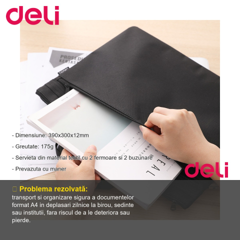 Servieta documente Deli, material textil cu 2 fermoare si maner, format A4, negra [1]