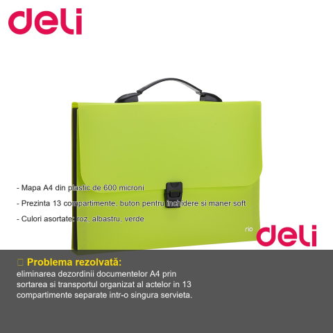 Servieta documente Deli, plastic 600 microni, 13 compartimente, maner soft, culori neon asortate [1]