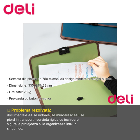 Servieta documente Deli, plastic 750 microni cu margini cusute si maner, capacitate 200 coli, culori asortate [1]