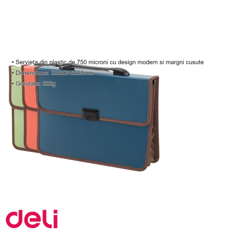 Servieta documente Deli, plastic 750 microni cu margini cusute si maner, capacitate 200 coli, culori asortate [2]