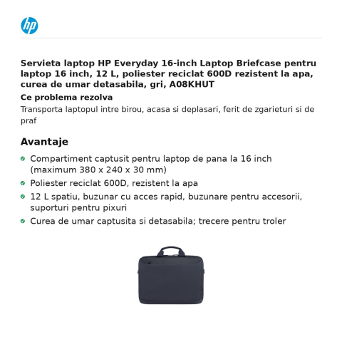 Servieta laptop HP Everyday 16-inch Laptop Briefcase pentru laptop 16 inch, 12 L, poliester reciclat 600D rezistent la apa, curea de umar detasabila, gri, A08KHUT [1]