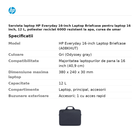 Servieta laptop HP Everyday 16-inch Laptop Briefcase pentru laptop 16 inch, 12 L, poliester reciclat 600D rezistent la apa, curea de umar detasabila, gri, A08KHUT [2]