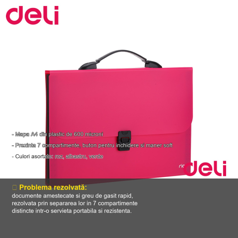 Servieta mapa A4 plastic Deli, 7 compartimente, maner soft, culori neon asortate [1]