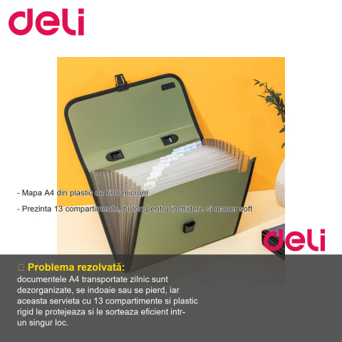 Servieta mapa documente Deli, plastic 600 microni, 13 compartimente, maner soft, culori clasice [1]