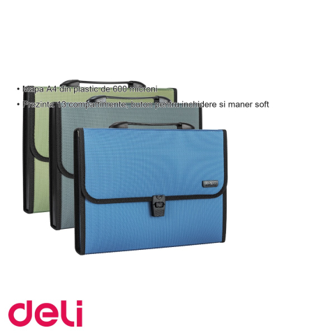 Servieta mapa documente Deli, plastic 600 microni, 13 compartimente, maner soft, culori clasice [2]