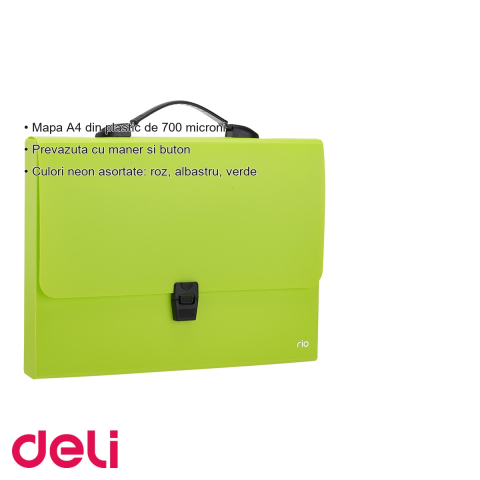 Servieta mapa plastic A4 cu maner Deli, 700 microni, culori neon asortate, pentru transport documente [2]