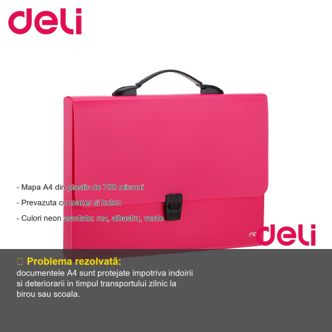 Servieta mapa plastic A4 cu maner Deli, 700 microni, culori neon asortate, pentru transport documente [1]