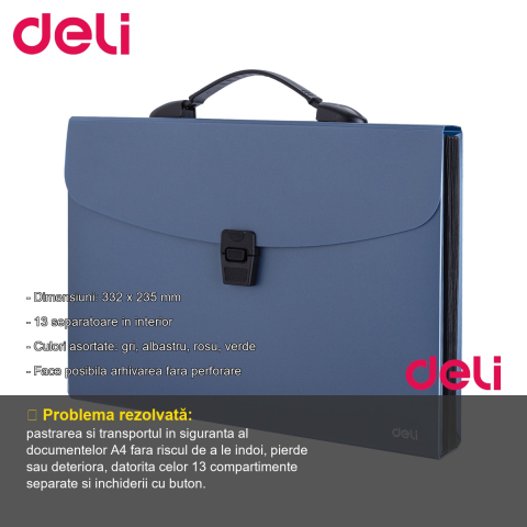 Servieta plastic cu maner Deli, 13 compartimente, pentru transport si organizare documente A4 [1]