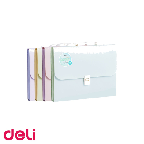 Mape si serviete - Servieta plastic cu maner Deli Macarons, 13 compartimente, pentru transport si organizare documente A4