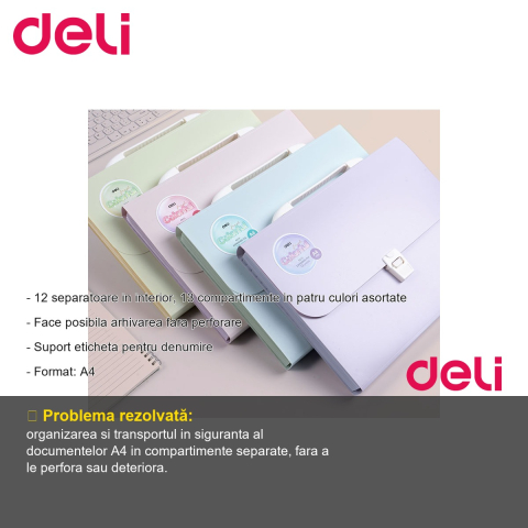 Servieta plastic cu maner Deli Macarons, 13 compartimente, pentru transport si organizare documente A4 [1]