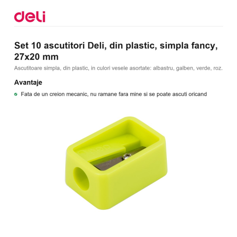 Set 10 ascutitori Deli, din plastic, simpla fancy, 27x20 mm [1]