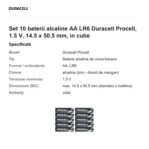 Set 10 baterii alcaline AA LR6 Duracell Procell, 1.5 V, 14.5 x 50.5 mm, in cutie [2]
