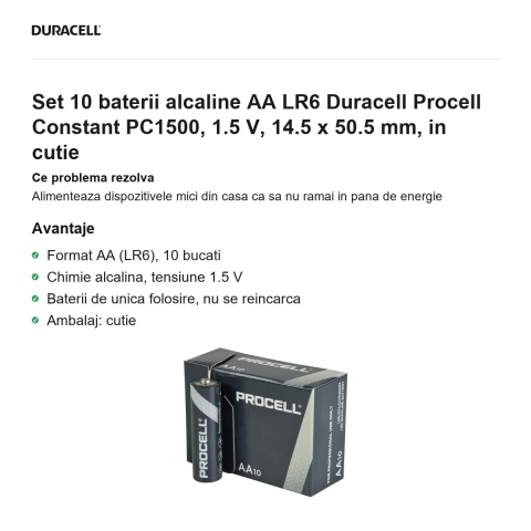 Set 10 baterii alcaline AA LR6 Duracell Procell Constant PC1500, 1.5 V, 14.5 x 50.5 mm, in cutie [1]