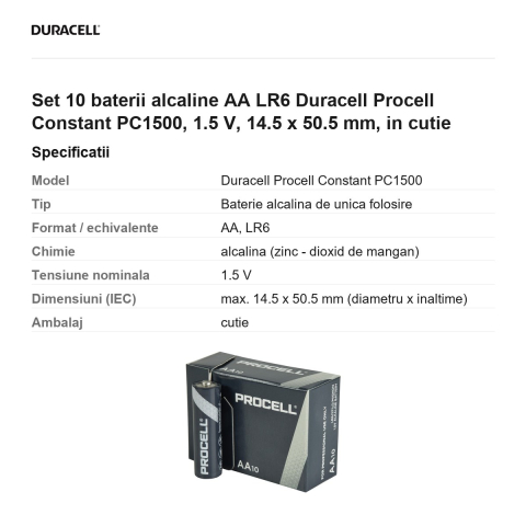 Set 10 baterii alcaline AA LR6 Duracell Procell Constant PC1500, 1.5 V, 14.5 x 50.5 mm, in cutie [2]