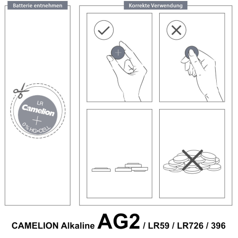 Set 10 Baterii Alcaline AG2 / LR726 1.5V 25mAh, Dimensiuni 7.8x2.6 mm, Pentru Dispozitive Medicale Mici, Ceasuri, Telecomenzi, Blister, Camelion [5]