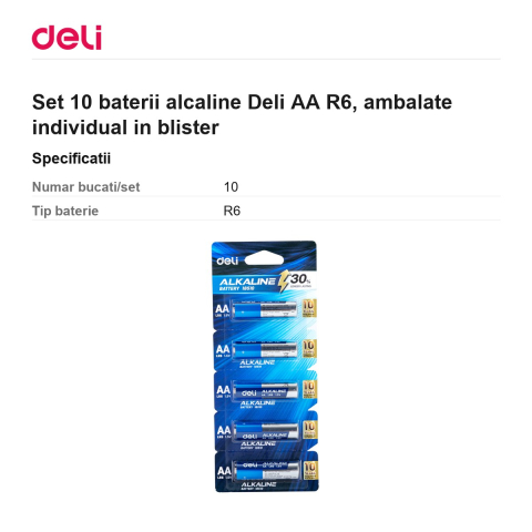 Set 10 baterii alcaline Deli AA R6, ambalate individual in blister [2]