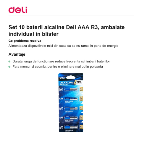 Set 10 baterii alcaline Deli AAA R3, ambalate individual in blister [1]