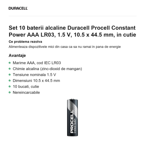 Set 10 baterii alcaline Duracell Procell Constant Power AAA LR03, 1.5 V, 10.5 x 44.5 mm, in cutie [1]
