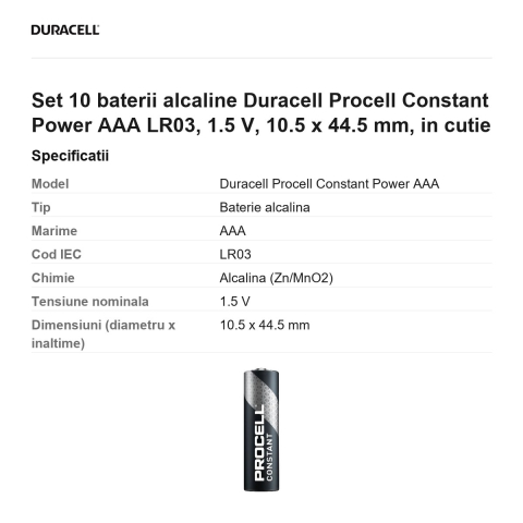 Set 10 baterii alcaline Duracell Procell Constant Power AAA LR03, 1.5 V, 10.5 x 44.5 mm, in cutie [2]