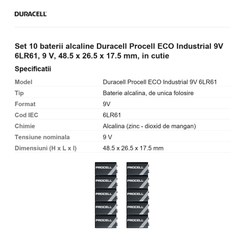 Set 10 baterii alcaline Duracell Procell ECO Industrial 9V 6LR61, 9 V, 48.5 x 26.5 x 17.5 mm, in cutie [2]